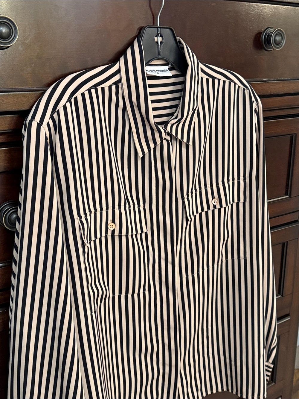 Alfred Dunner Black and Cream Vertical Stripe Button-Front Shirt - Picture 2 of 5